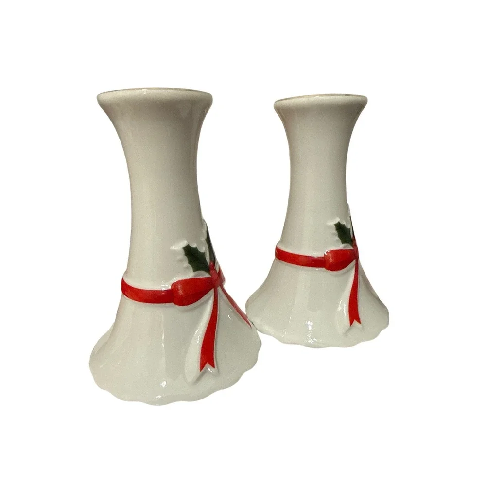 Mount Clemens‎ Pottery Christmas Candlesticks Holly Ribbon Pair Japan